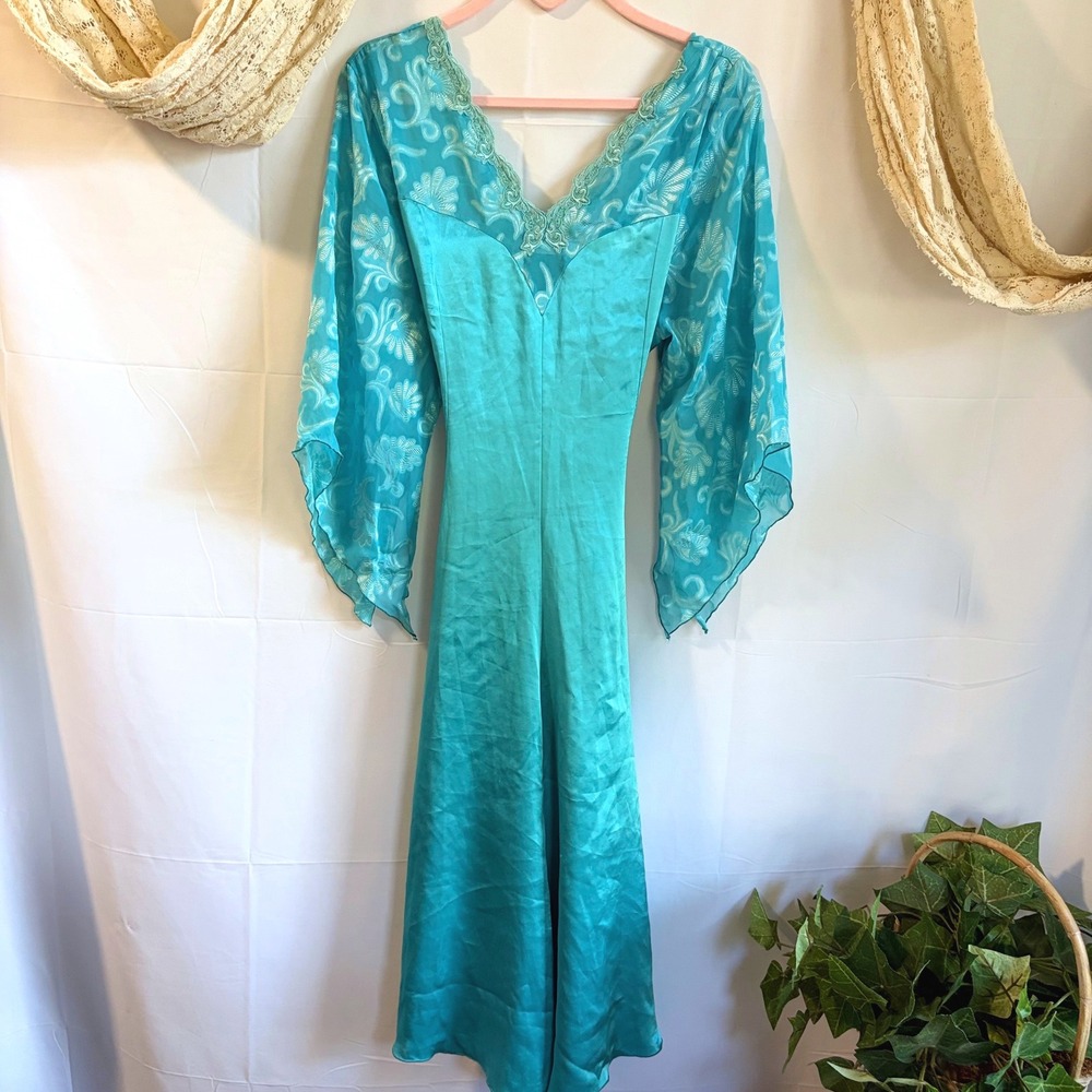 Vintage Fairy Teal Whimsical Blue Satin Lace Sheer Bell Sleeve Maxi Gown